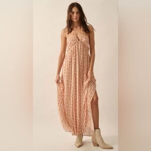Promesa Cream and Brown Halter Maxi Sundress